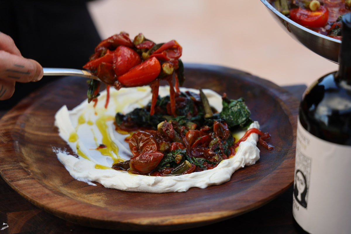 Palestinian Bamyeh Falahiyeh (Okra) with Olive Oil, Khubeizeh, and Labneh