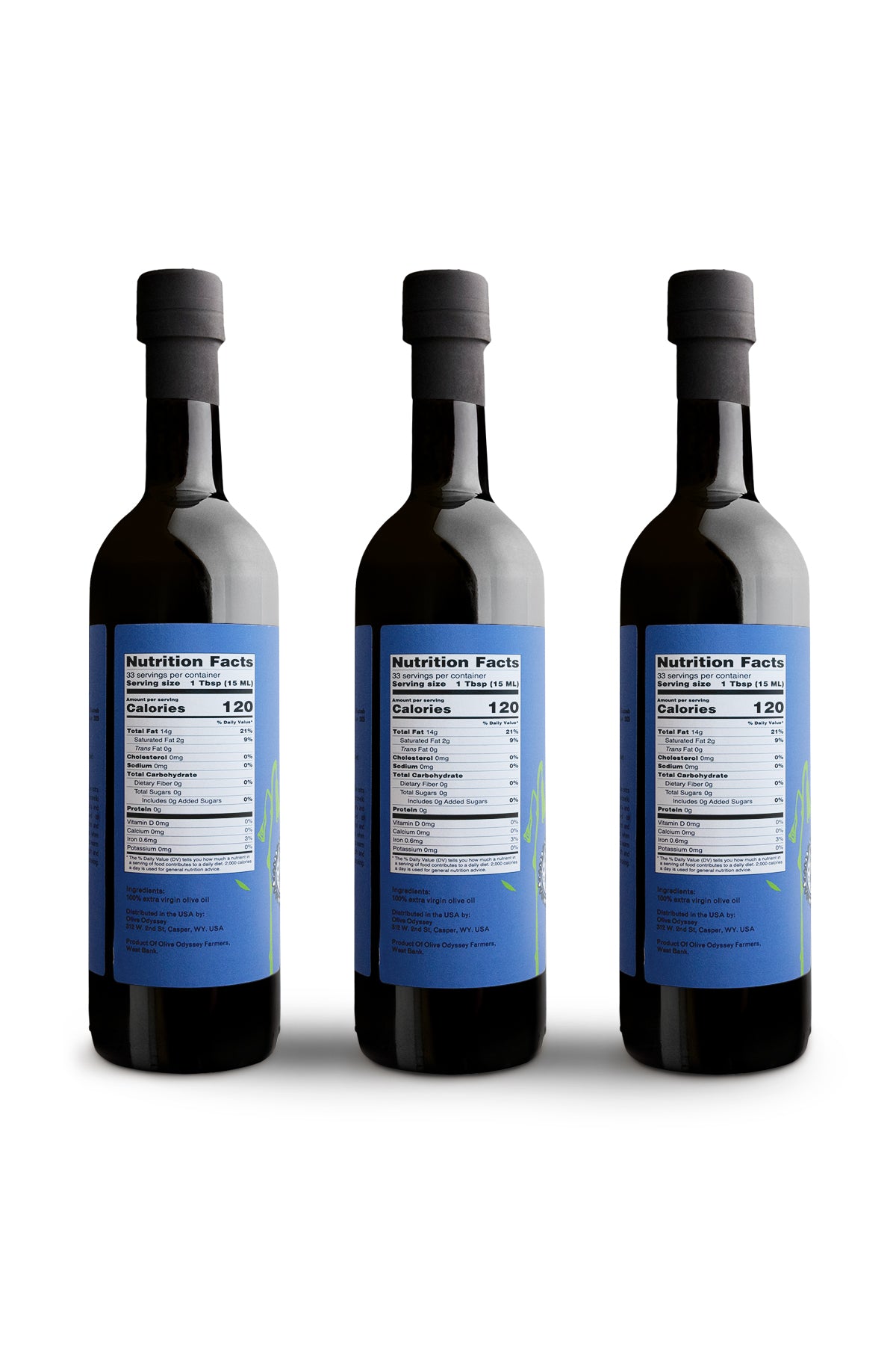 Three bottles of Mi'ilya Koroneiki, back labels with nutrition facts