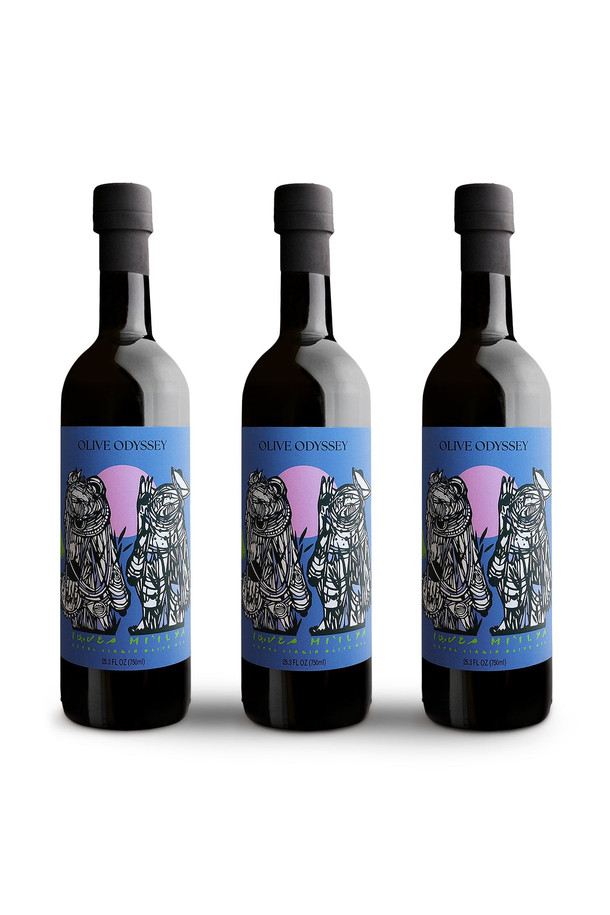 Three bottles of Mi'ilya Koroneiki extra virgin olive oil, 750 ml, front labels