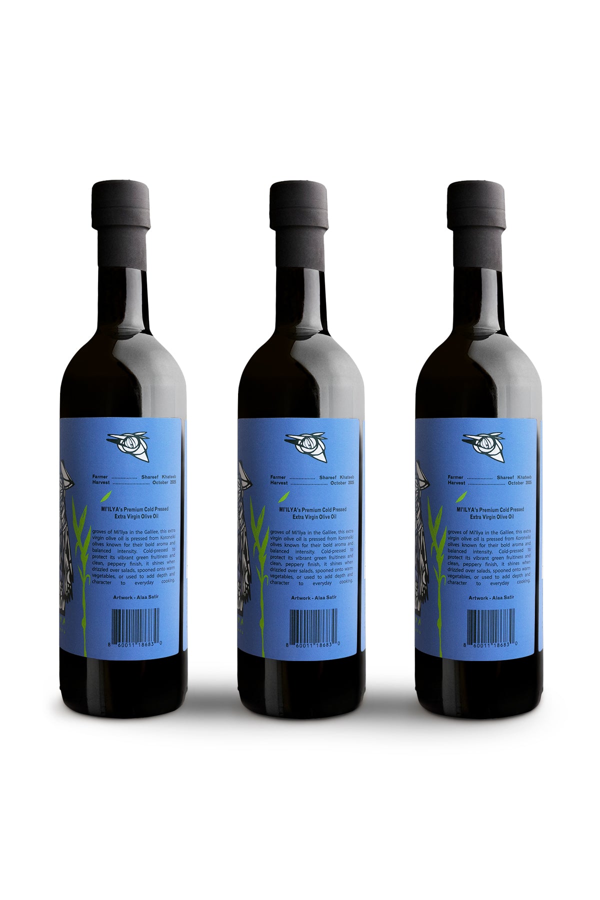 Three bottles of Mi'ilya Koroneiki, side labels: farmer Shareef Khateeb, harvest October 2025