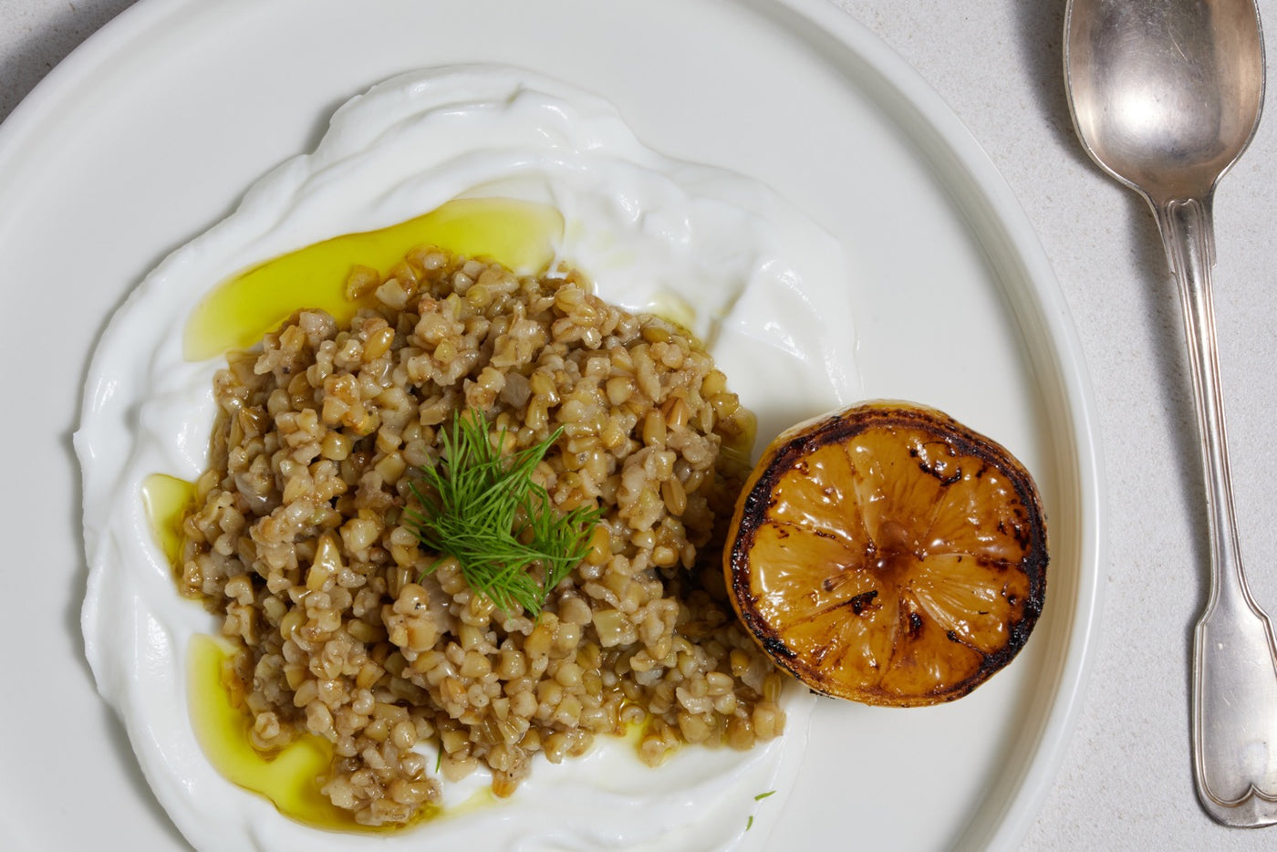 Freekeh, yogurt, charred lemon.