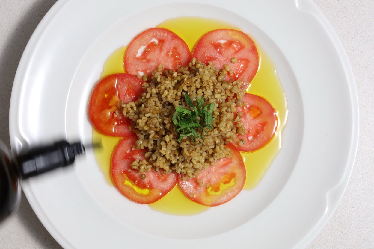 Freekeh, tomato, mint, olive oil.