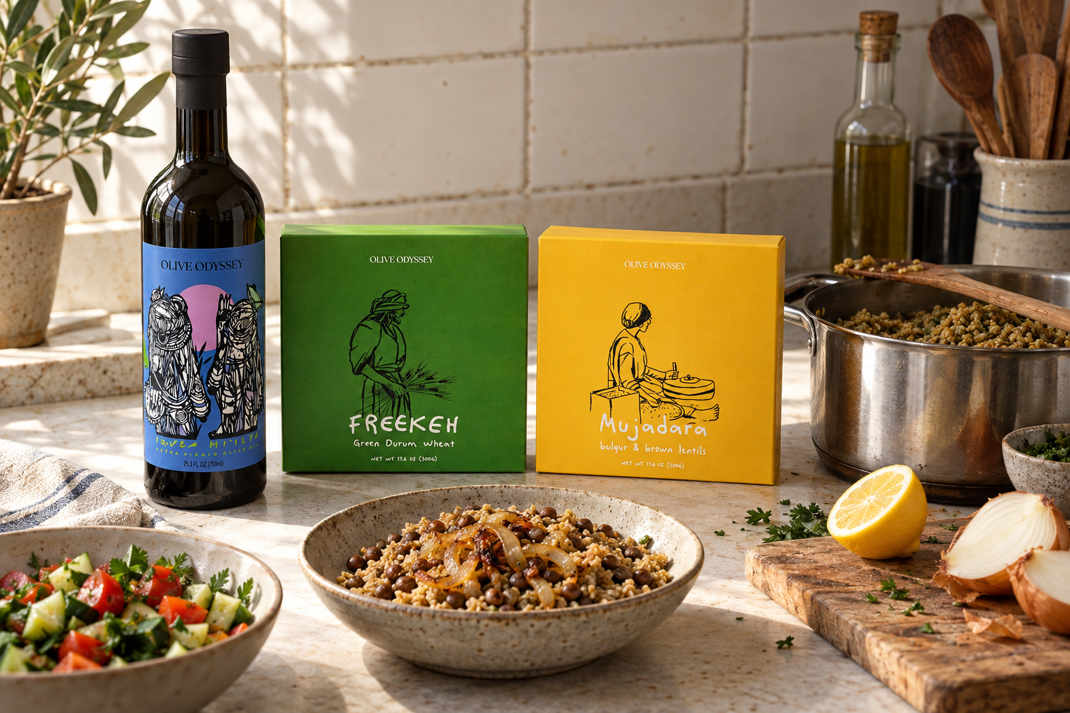 Cook With Us: Koroneiki olive oil, Freekeh and Mujadara Mix on a kitchen counter with prepared dishes