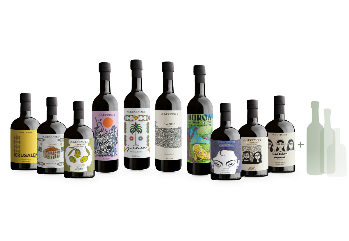 Ten Olive Odyssey olive oil bottles from the 2026 harvest, followed by a plus sign and fading silhouettes for the oils still to come.