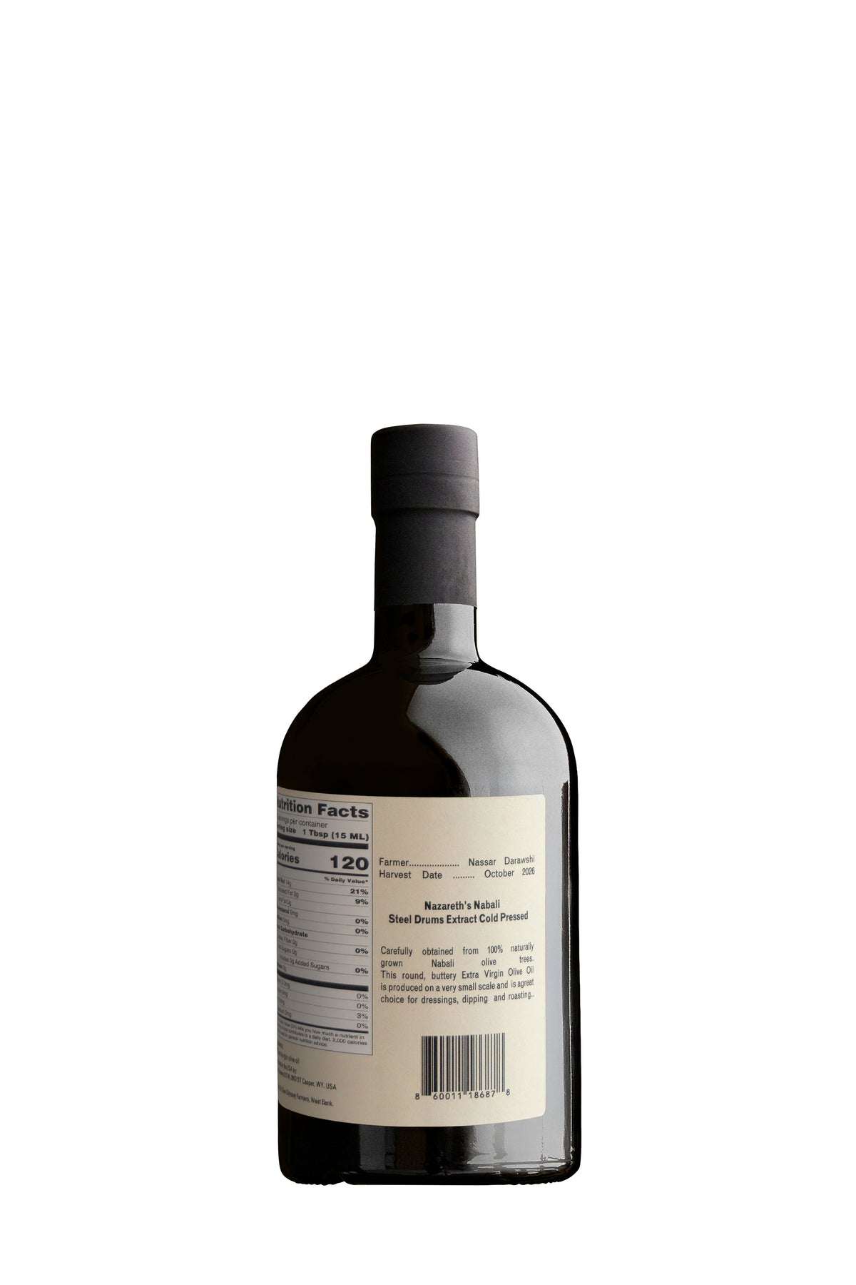 Nazareth's Nabali extra virgin olive oil, 500 ml, side