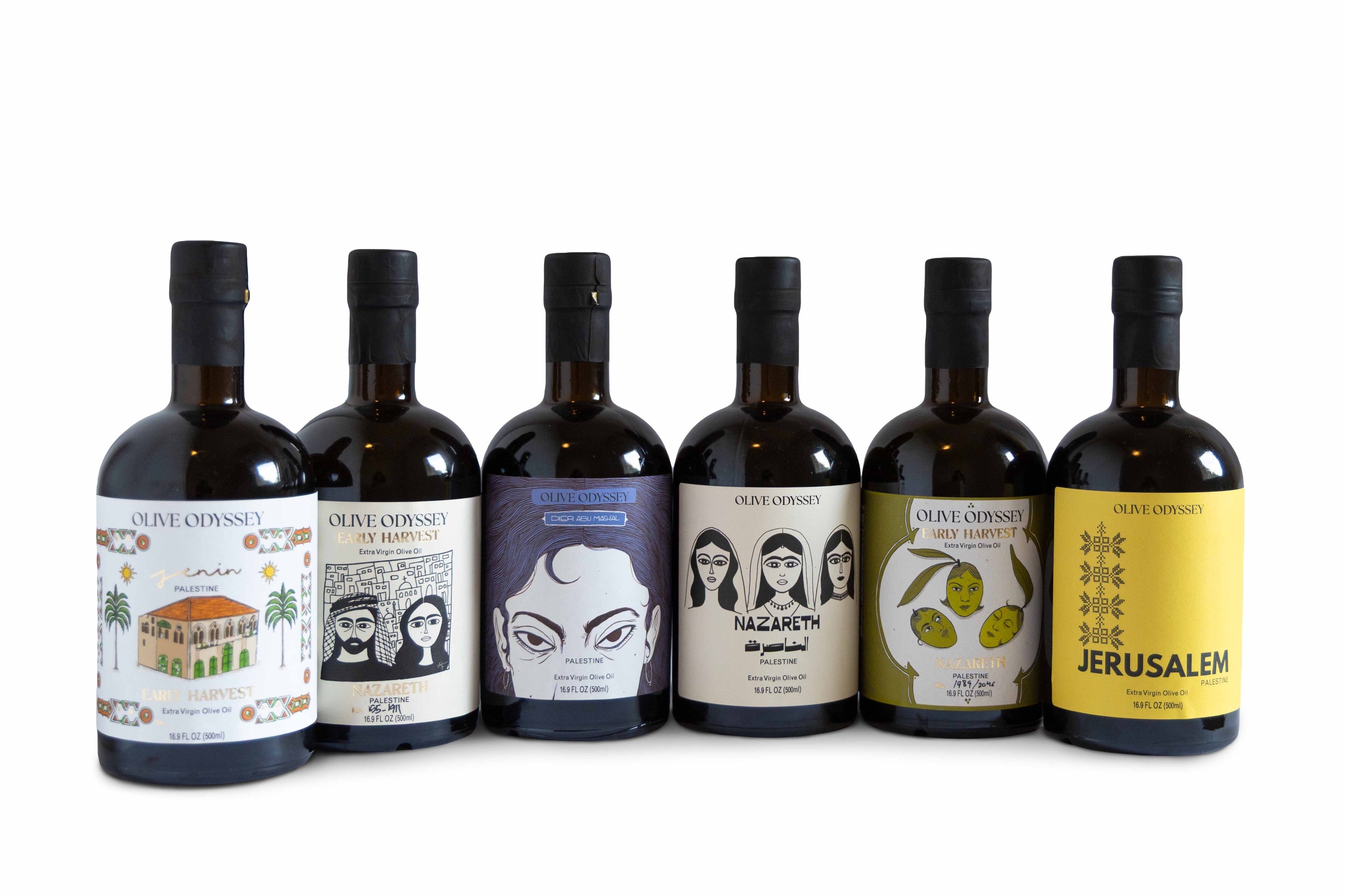 The Full Harvest: the six 500 ml oils side by side, each with its own farmer's label.