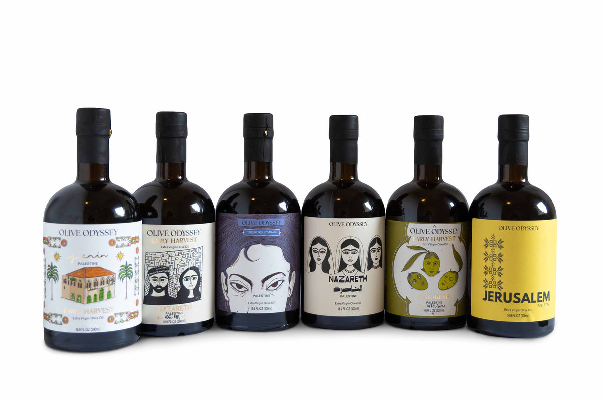 The Full Harvest: the six 500 ml oils side by side, each with its own farmer's label.