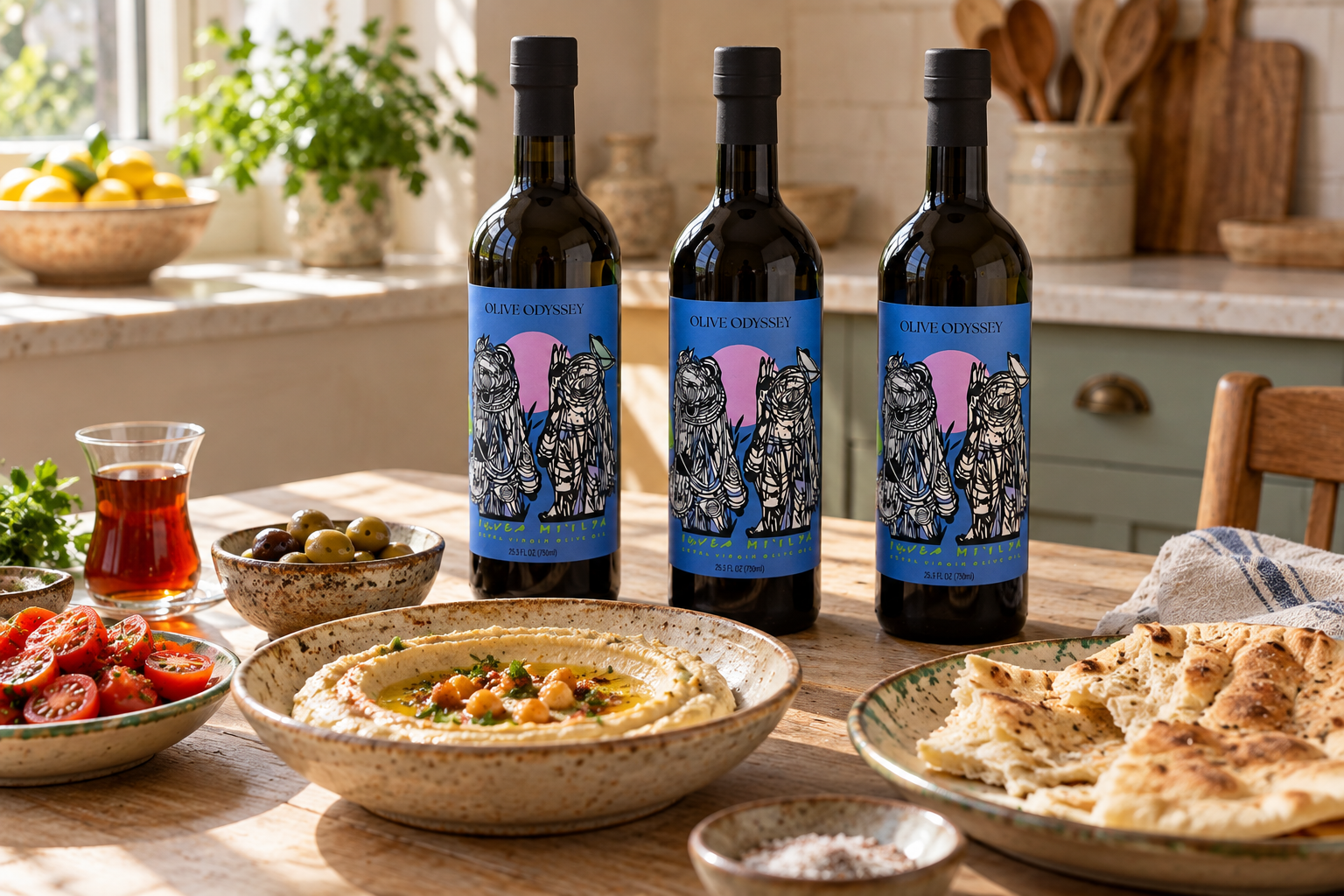 The House Oil: three 750 ml Mi’ilya Koroneiki bottles on a breakfast table with hummus, bread and tomatoes