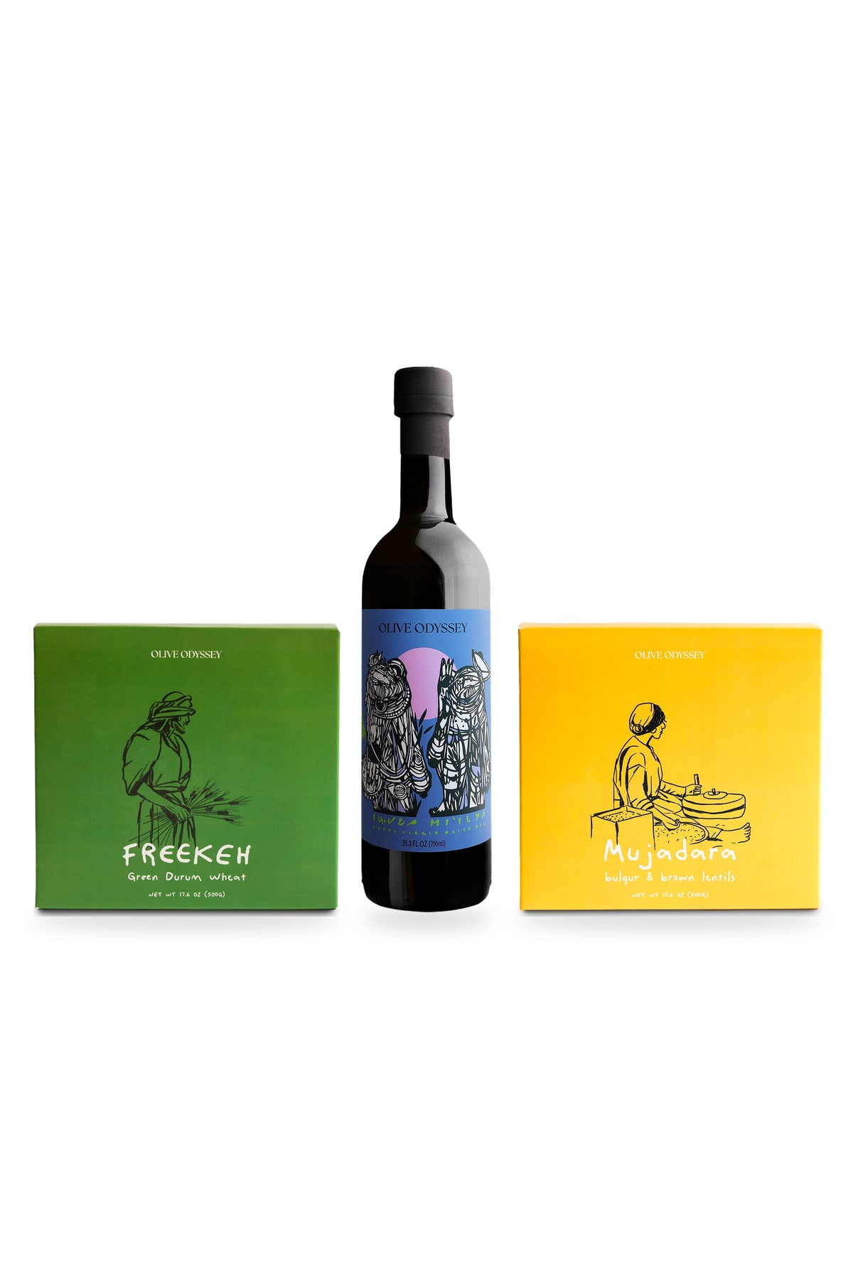Mi'ilya Koroneiki 750 ml, Palestinian Freekeh 500 g and Mujadara Mix 500 g, front labels